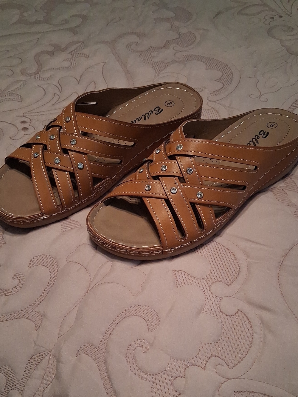 Womens Tan Wedge Slide Sandals
